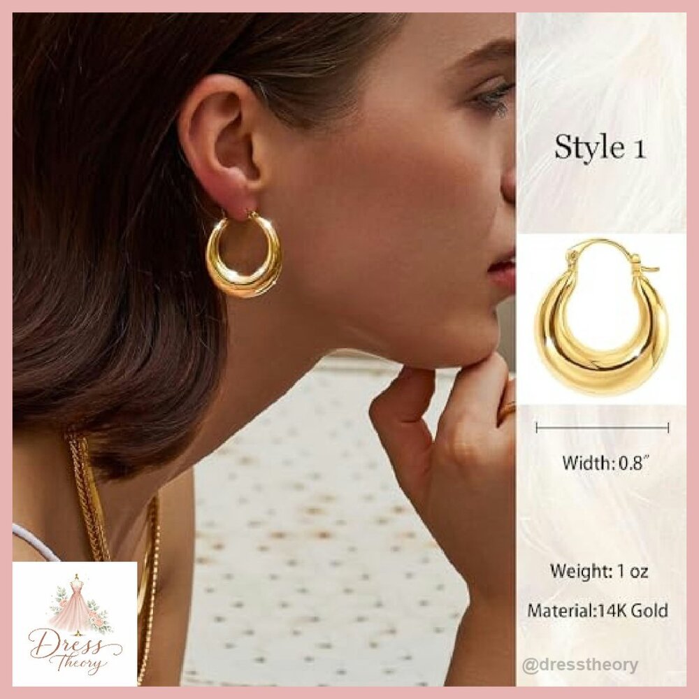 14K Gold Plated Chunky Triple Hoop Earrings Hypoallergenic 30mm - Picture 3 of 8